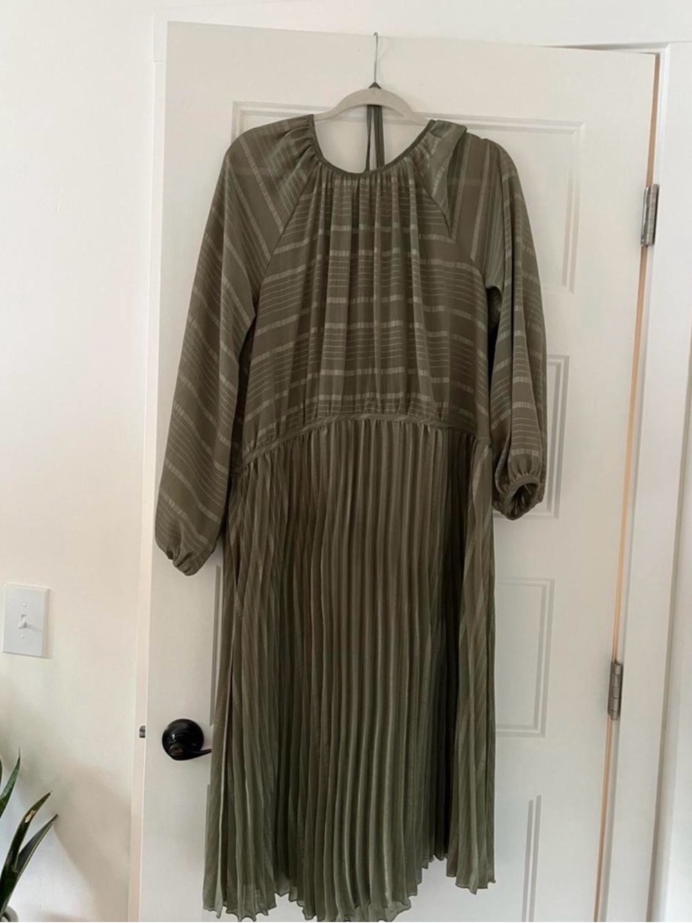 ASOS Olive Green Pleated Long Sleeve Midi Dress